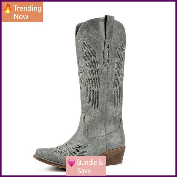 Women's Embroidered Western Cowboy Boots Slip-On Mid-Calf Chunky Heel